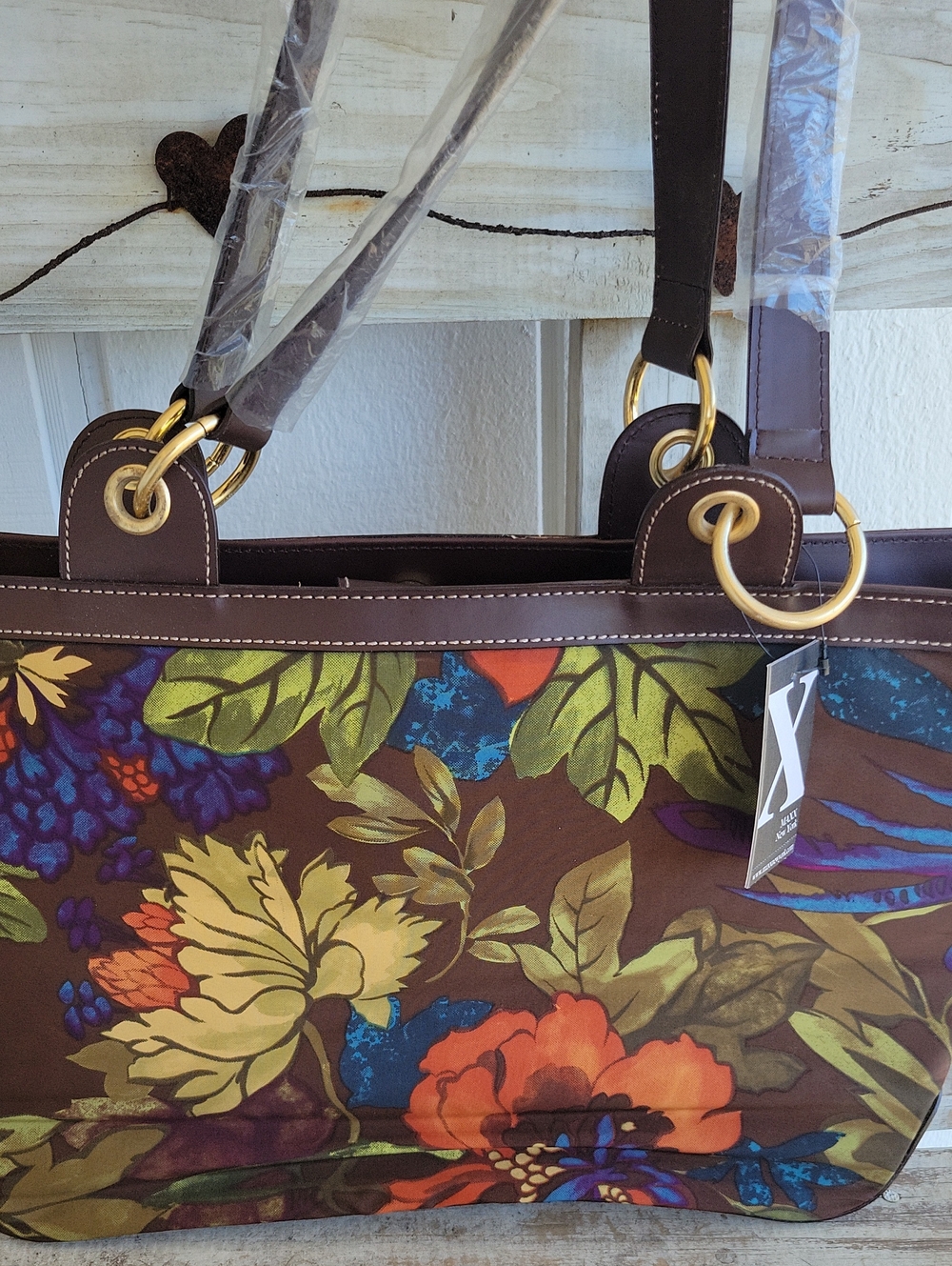 Maxx New York Brown Floral Canvas Large Bag with Multicolor Blooms